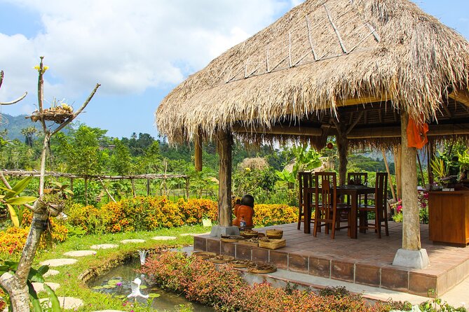 Balinese Vegan Cooking Class with Fresh Harvesting & Garden Tour - Eating with hills and Mount Agung in the distance